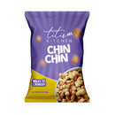 Purple and yellow packet of 'Chin Chin' snacks from Titis Kitchen on a white background